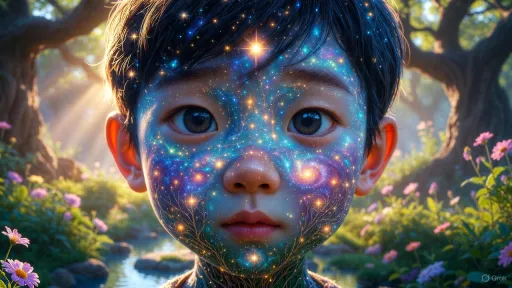 Young child with galaxy-like patterns on face, standing in a sunlit, magical forest.
