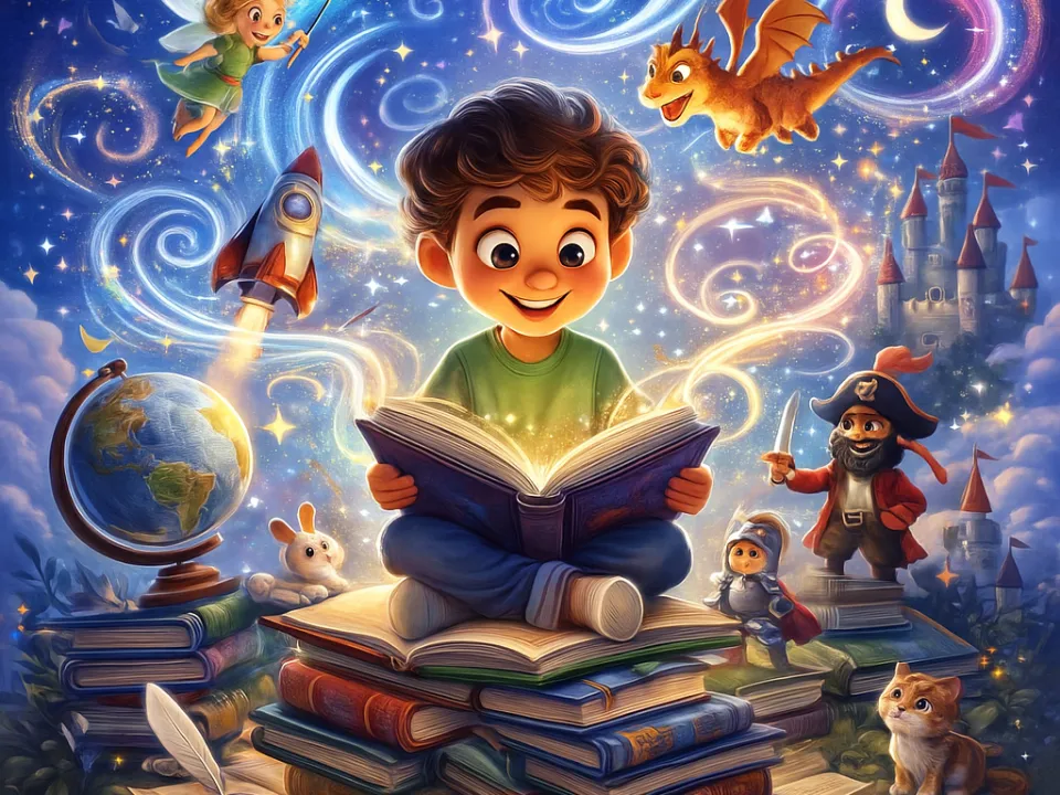 Smiling boy reading on a stack of books, surrounded by magical fantasy characters and scenes.