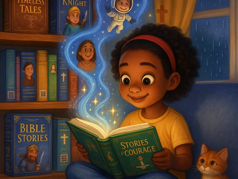 Smiling girl reading a magical book, with glowing stories coming to life, cat by her side.
