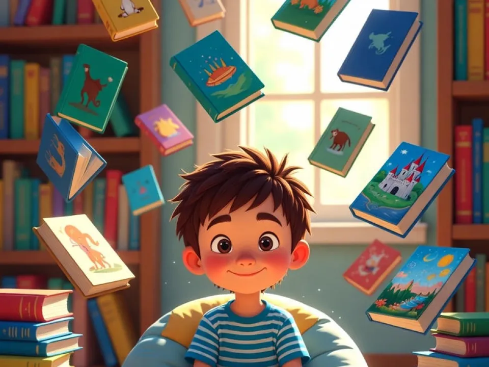Smiling boy sitting with open book, surrounded by floating books in a cozy library.