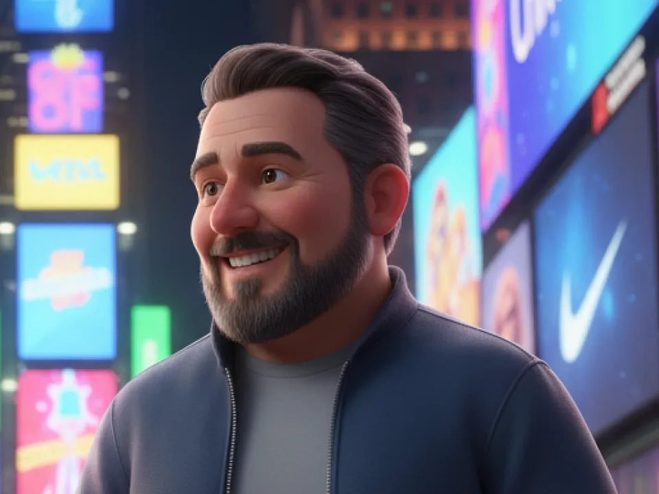 Smiling animated man with gray hair in a city at night, neon signs glowing behind him.