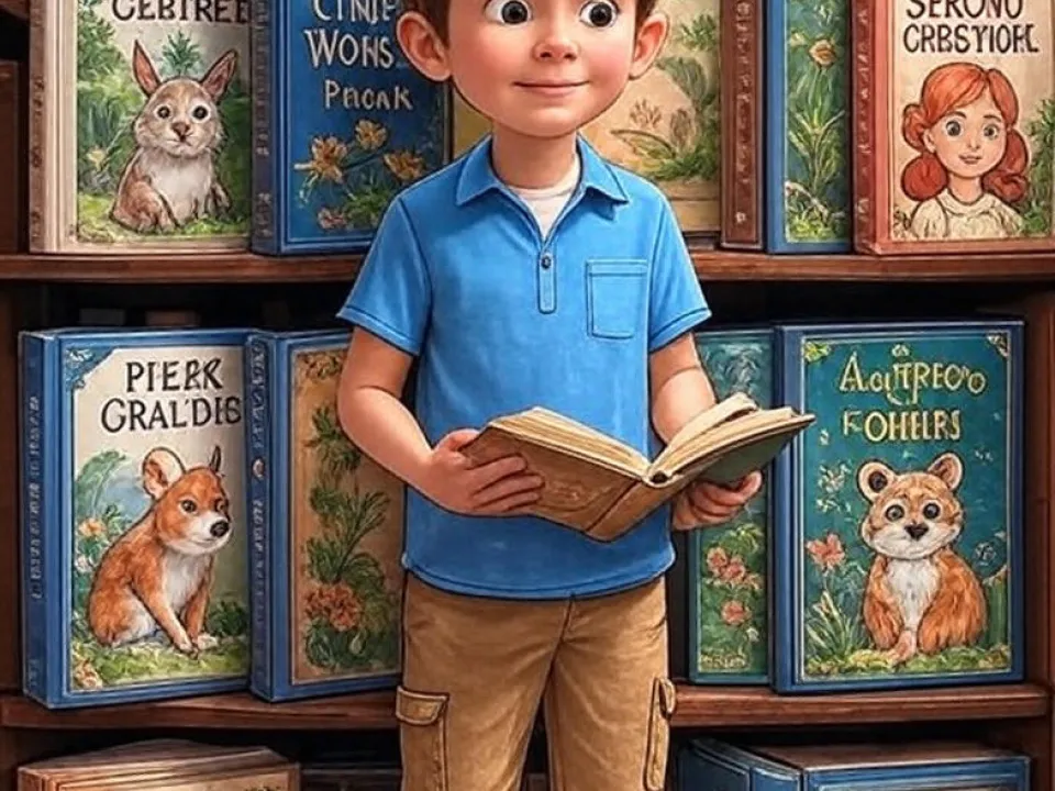 Smiling boy holding a book stands in front of colorful children's bookshelves.