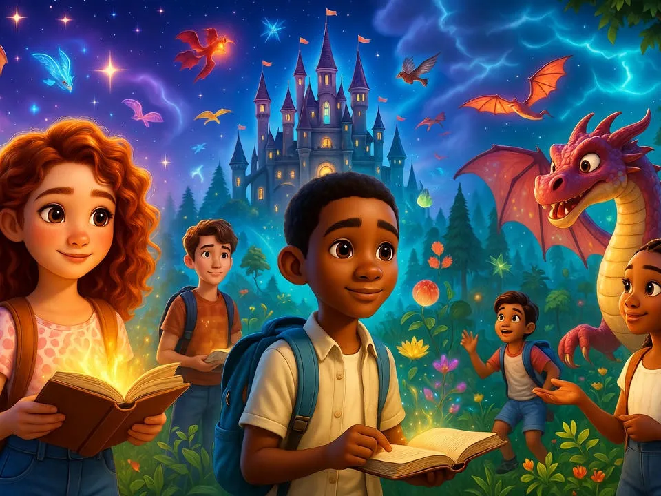 Kids reading glowing books with magical creatures and a castle in a colorful night scene.