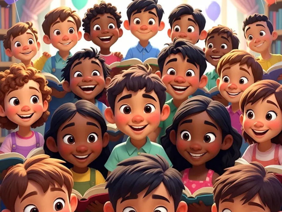 Smiling children reading books together in a colorful classroom with balloons.